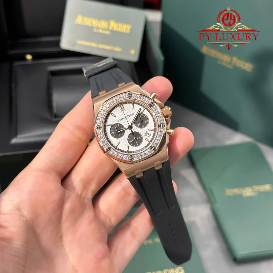 Audemars Piguet Royal Oak Offshore 26231OR Rose Gold Silver Dial Diamond Bezel 37mm Super Clone Watch - Angle 2 - Jack Watches USA