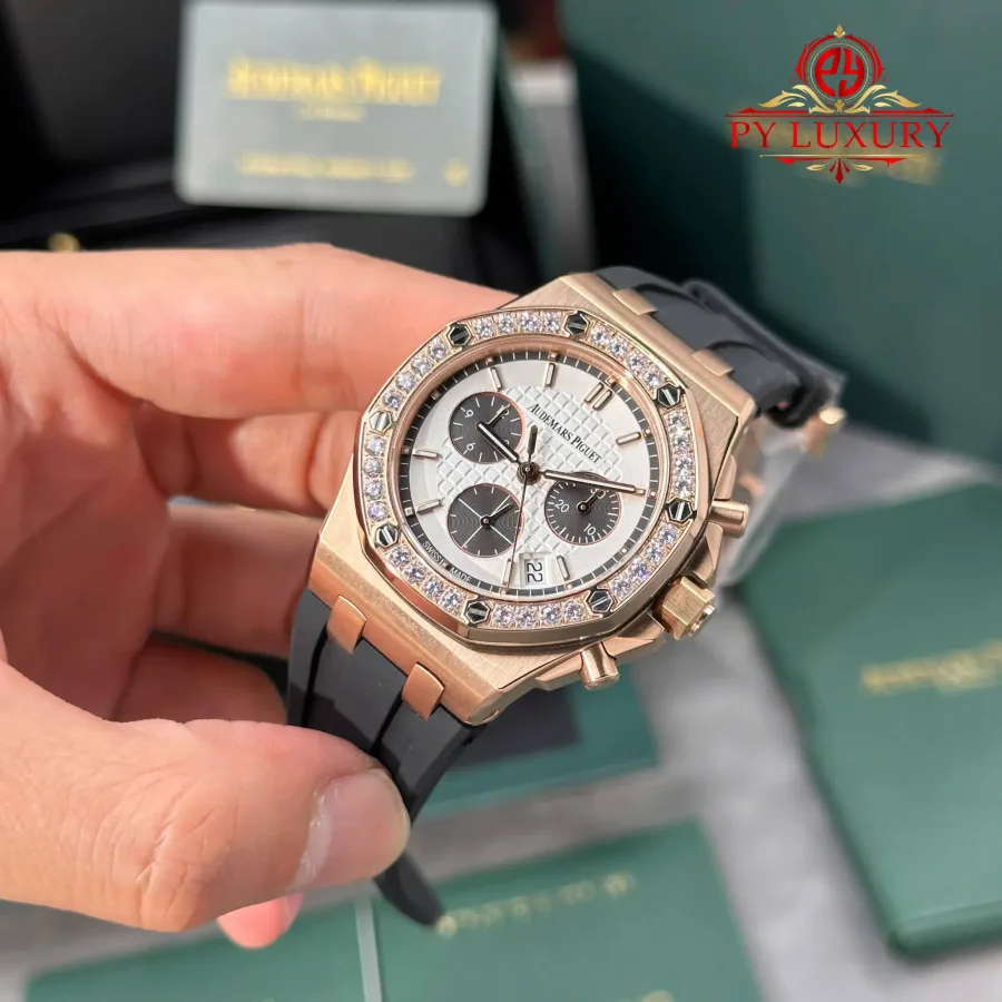 Audemars Piguet Royal Oak Offshore 26231OR Rose Gold Silver Dial Diamond Bezel 37mm Super Clone Watch - Angle 3 - Jack Watches USA
