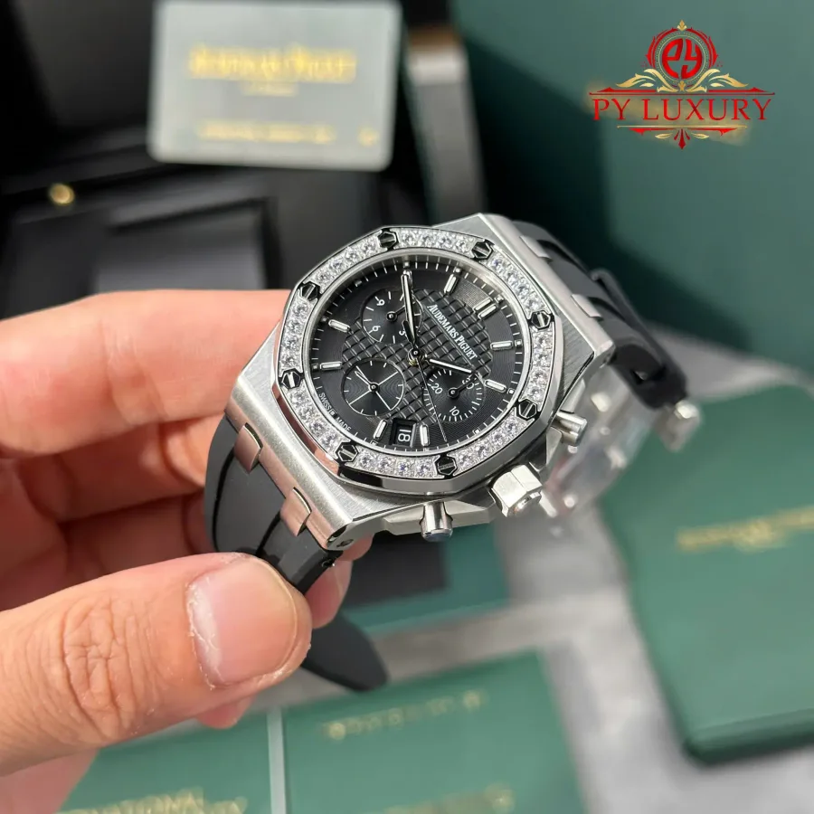 Audemars Piguet Royal Oak Offshore 26231ST Black Dial Diamond Bezel 37mm Super Clone Watch - Angle 3 - Jack Watches USA