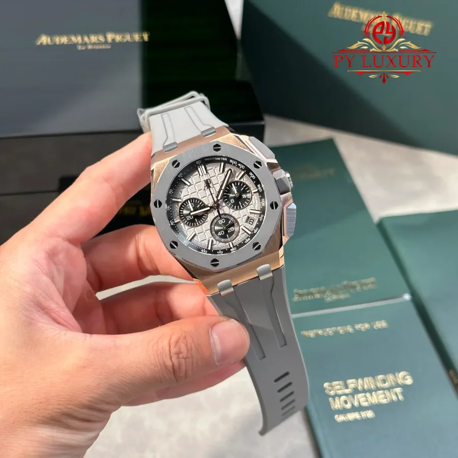 Audemars Piguet Royal Oak Offshore 26420OI Rose Gold Grey Dial Grey Ceramic Bezel Gained Weight DDF 43mm (Free-Sprung) Super Clone Watch - Angle 2 - Jack Watches USA