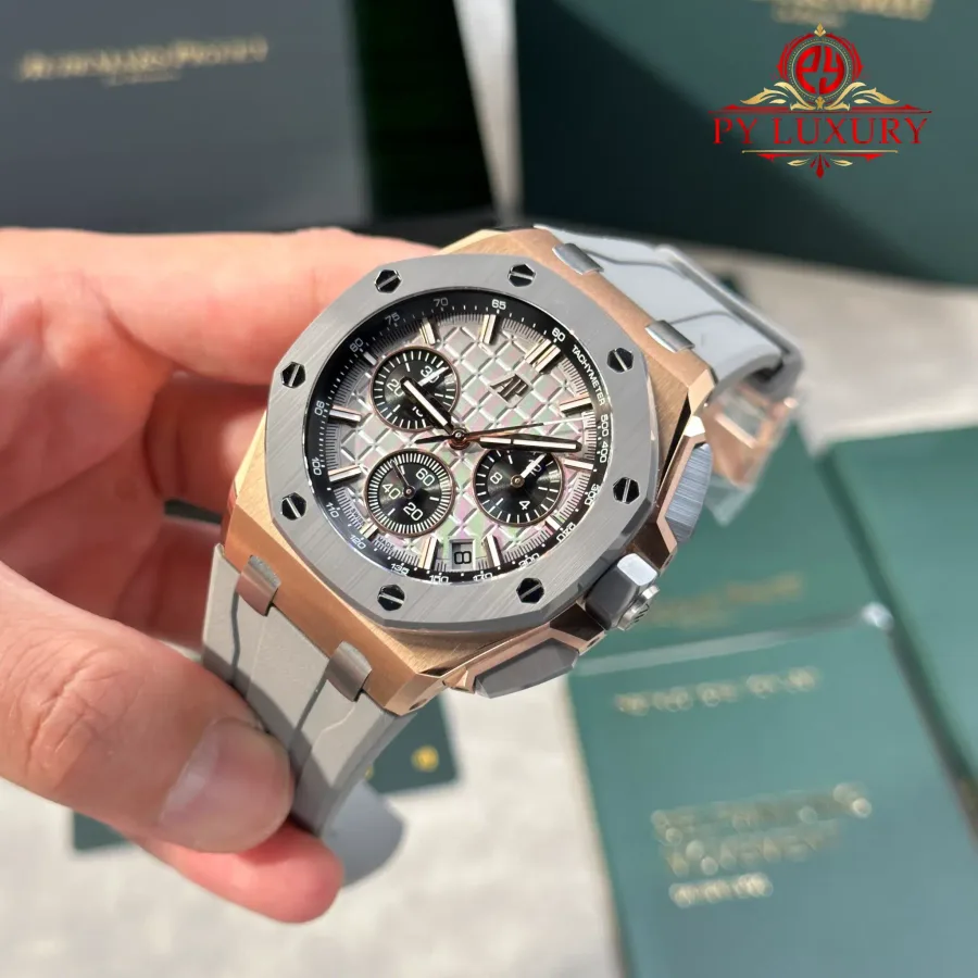 Audemars Piguet Royal Oak Offshore 26420OI Rose Gold Grey Dial Grey Ceramic Bezel Gained Weight DDF 43mm (Free-Sprung) Super Clone Watch - Angle 3 - Jack Watches USA