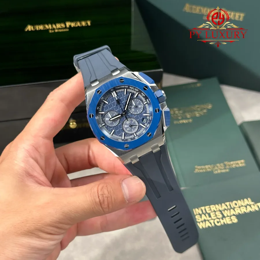 Audemars Piguet Royal Oak Offshore Chronograph 26420SO Blue Dial Blue Ceramic Bezel DDF 43mm (Free-Sprung) Super Clone Watch - Angle 2 - Jack Watches USA