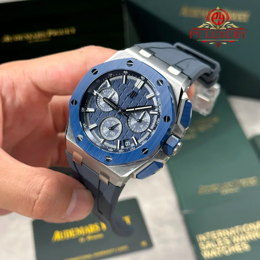 Audemars Piguet Royal Oak Offshore Chronograph 26420SO Blue Dial Blue Ceramic Bezel DDF 43mm (Free-Sprung) Super Clone Watch - Angle 3 - Jack Watches USA