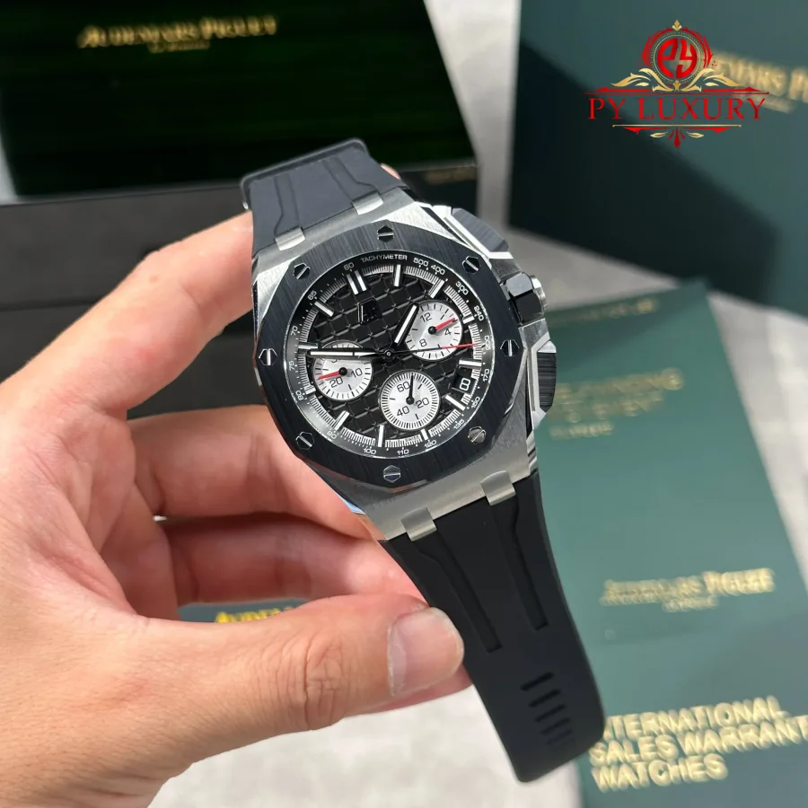 Audemars Piguet Royal Oak Offshore Chronograph 26420SO Steel Black Dial Rubber Band DDF 43mm Super Clone Watch - Angle 2 - Jack Watches USA