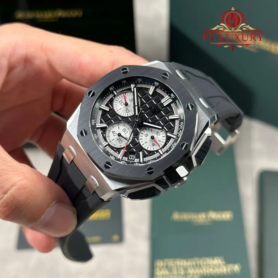 Audemars Piguet Royal Oak Offshore Chronograph 26420SO Steel Black Dial Rubber Band DDF 43mm Super Clone Watch - Angle 3 - Jack Watches USA