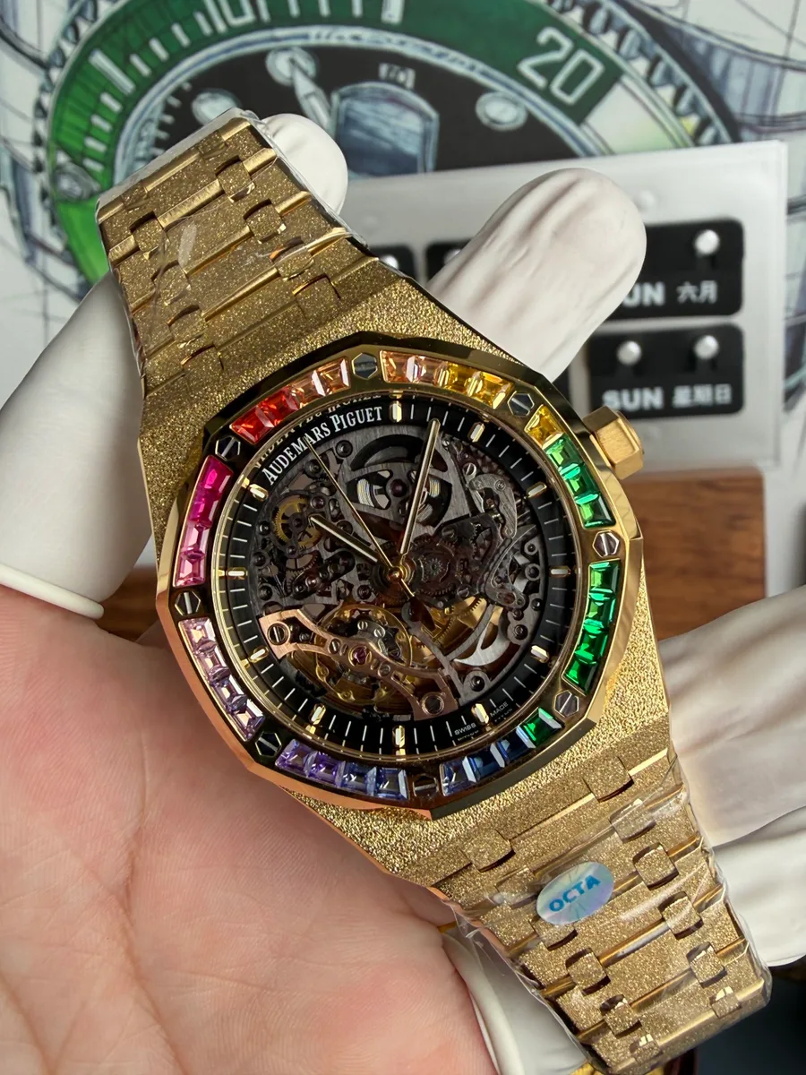 Audemars Piguet Royal Oak Openworked 15412BA Rainbow Frosted Yellow Gold OCTA 41mm Super Clone Watch - Angle 2 - Jack Watches USA