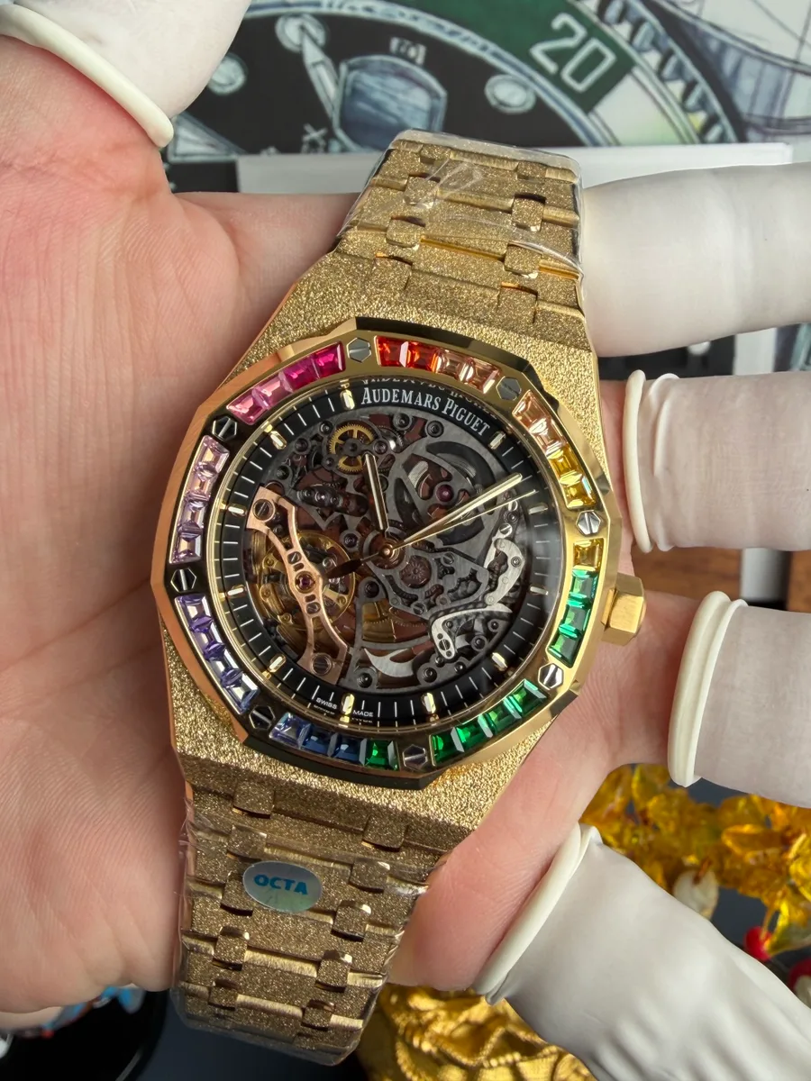Audemars Piguet Royal Oak Openworked 15412BA Rainbow Frosted Yellow Gold OCTA 41mm Super Clone Watch - Angle 3 - Jack Watches USA