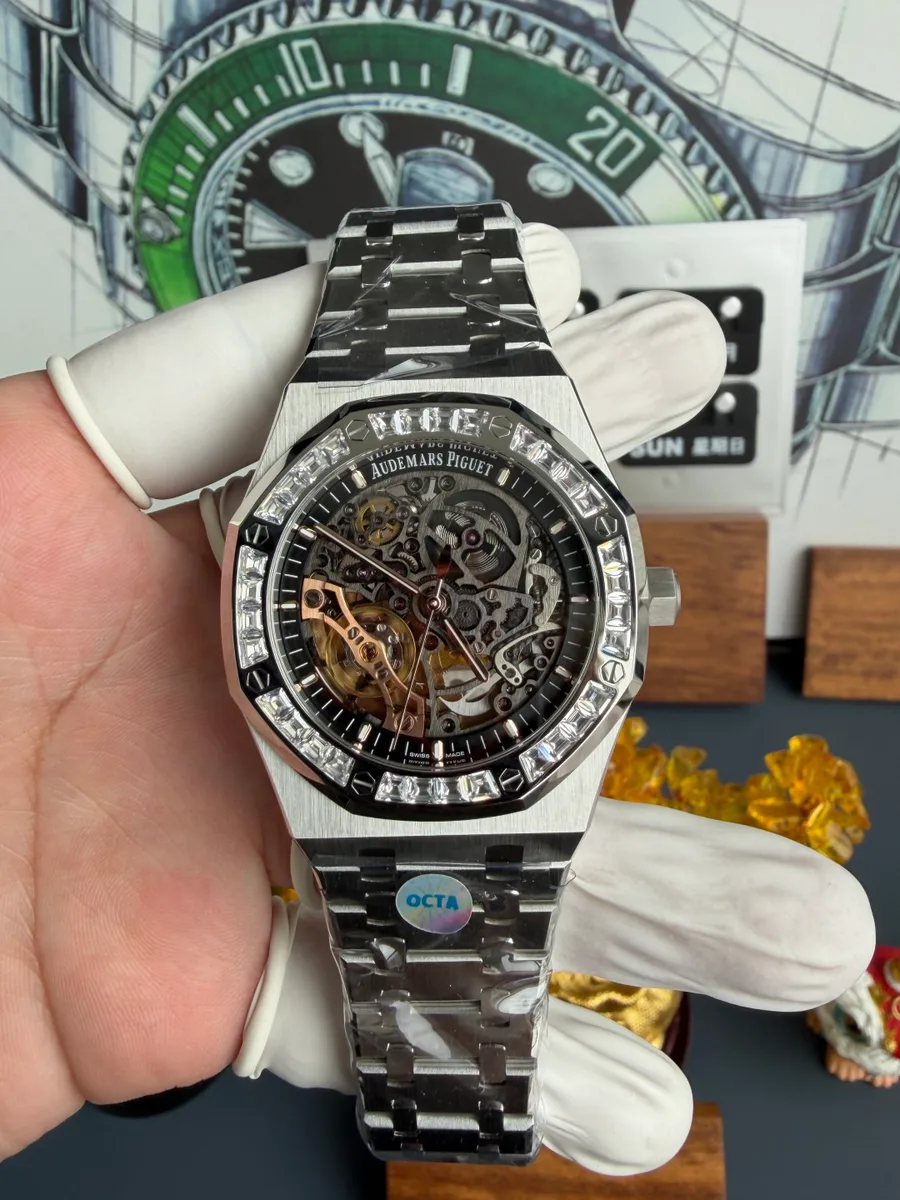 Audemars Piguet Royal Oak OpenWorked 15412BC Skeleton Dial CZ Stone Bezel OCTA 41mm