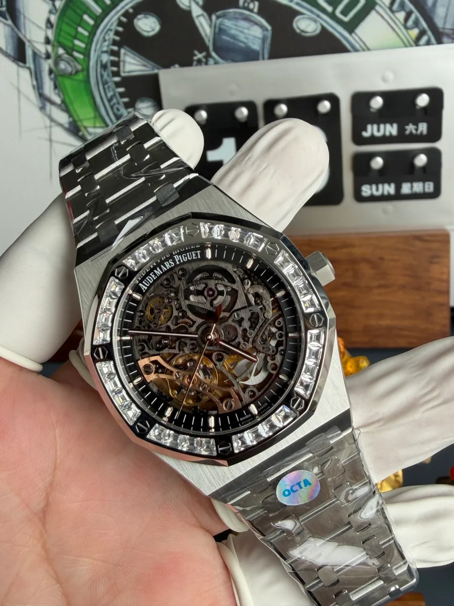 Audemars Piguet Royal Oak OpenWorked 15412BC Skeleton Dial CZ Stone Bezel OCTA 41mm Super Clone Watch - Angle 2 - Jack Watches USA