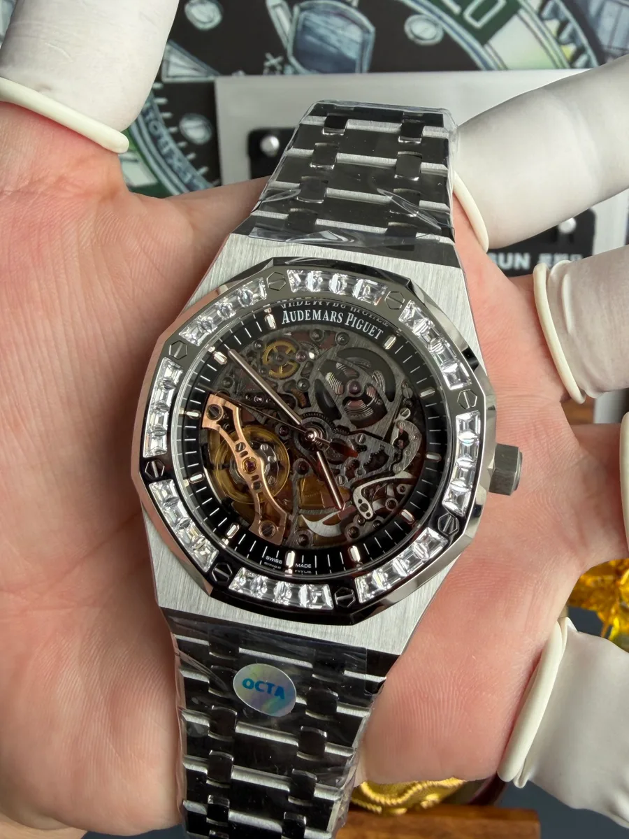 Audemars Piguet Royal Oak OpenWorked 15412BC Skeleton Dial CZ Stone Bezel OCTA 41mm Super Clone Watch - Angle 3 - Jack Watches USA
