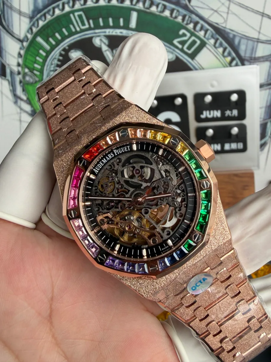 Audemars Piguet Royal Oak Openworked Rainbow 15412OR Frosted Rose Gold OCTA 41mm Super Clone Watch - Angle 2 - Jack Watches USA