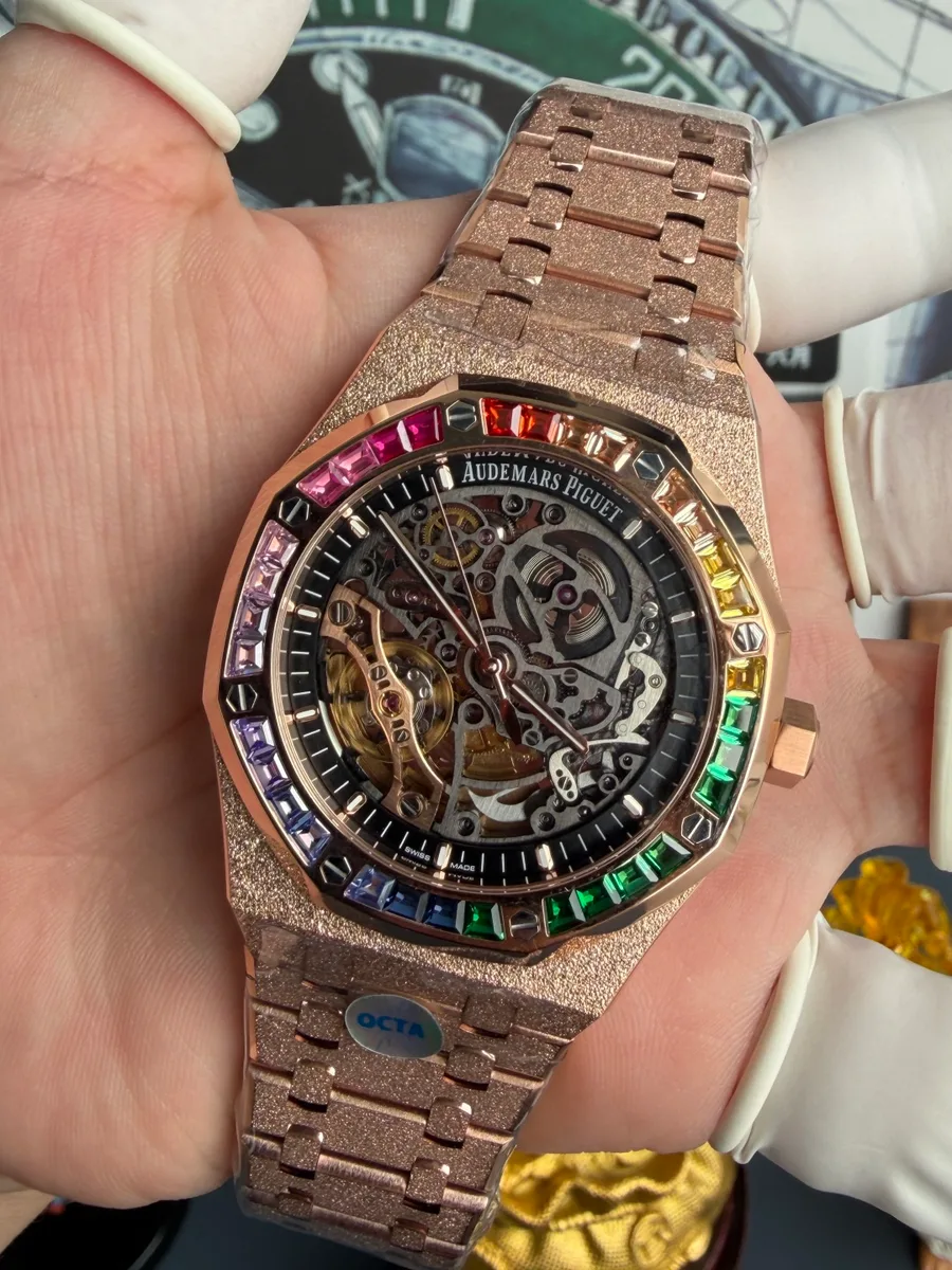 Audemars Piguet Royal Oak Openworked Rainbow 15412OR Frosted Rose Gold OCTA 41mm Super Clone Watch - Angle 3 - Jack Watches USA