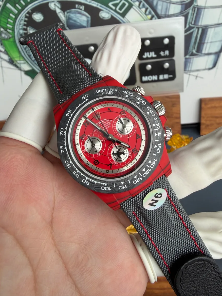 Avia Red Rolex DiW Daytona CarboQuartz Textile Strap N6F 40mm Super Clone Watch - Angle 2 - Jack Watches USA