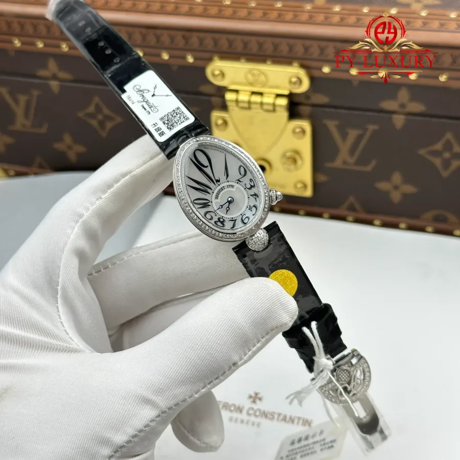 Breguet Reine de Naples 8918BB Mother of Pearl Dial Diamond Bezel Leather Strap 36mm Super Clone Watch - Angle 2 - Jack Watches USA