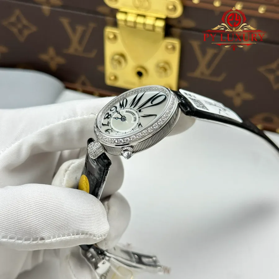 Breguet Reine de Naples 8918BB Mother of Pearl Dial Diamond Bezel Leather Strap 36mm Super Clone Watch - Angle 3 - Jack Watches USA