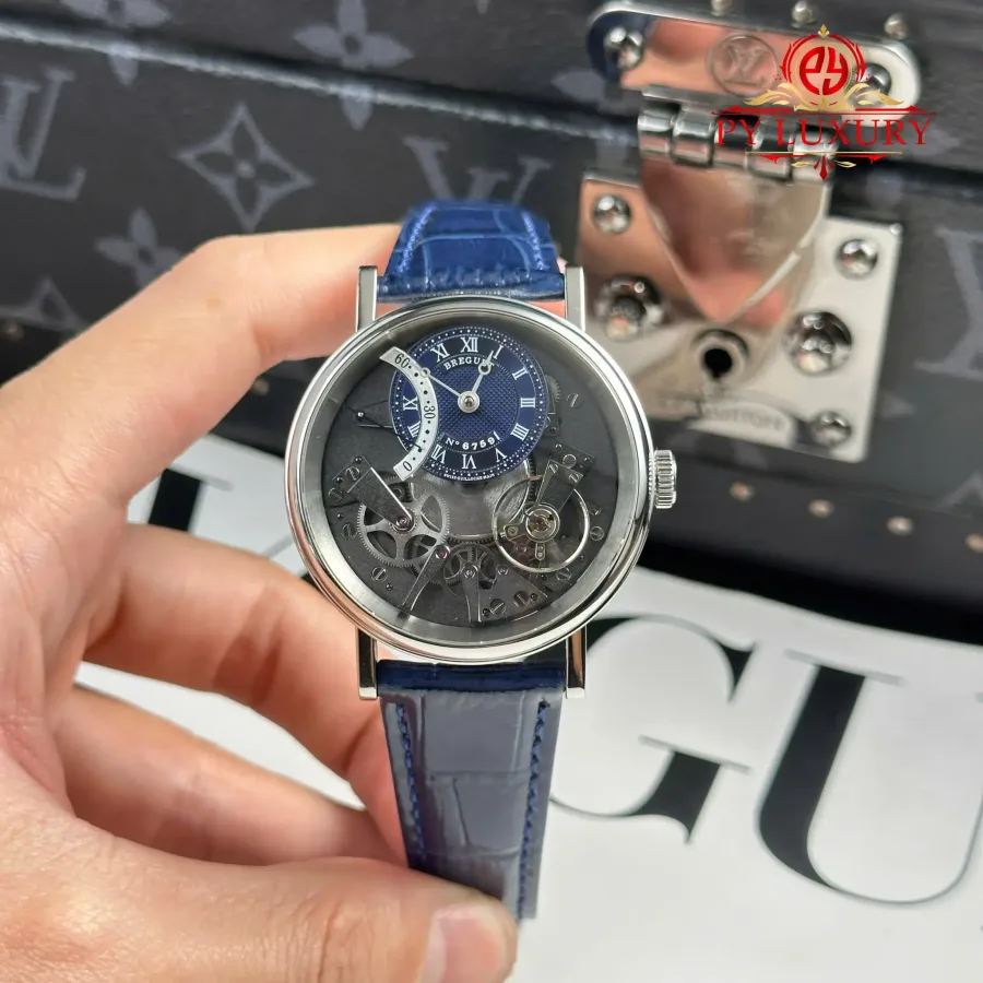 Breguet Tradition 7097 Retrograde Seconds Blue Guilloché Dial Leather Strap 40mm