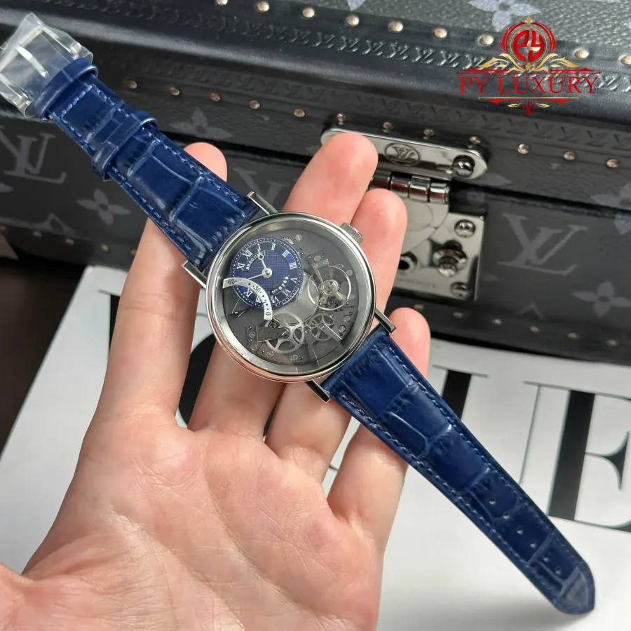 Breguet Tradition 7097 Retrograde Seconds Blue Guilloché Dial Leather Strap 40mm Super Clone Watch - Angle 2 - Jack Watches USA