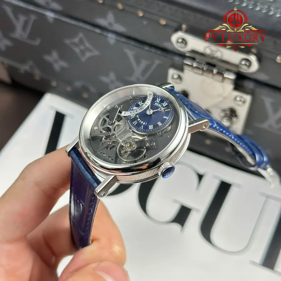 Breguet Tradition 7097 Retrograde Seconds Blue Guilloché Dial Leather Strap 40mm Super Clone Watch - Angle 3 - Jack Watches USA