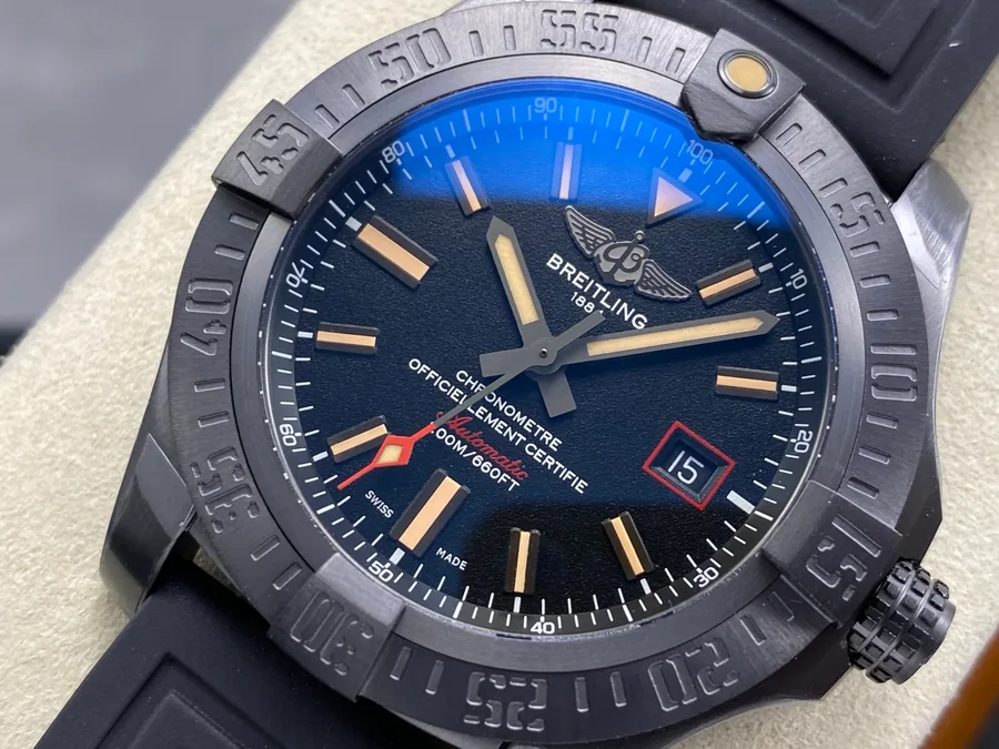 Breitling Avenger Blackbird Titanium Black Dial Rubber Strap 44mm Super Clone Watch - Angle 3 - Jack Watches USA