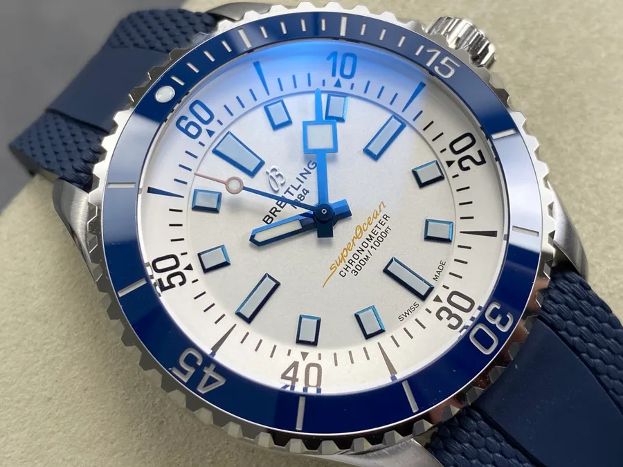Breitling Superocean A17375E71G1S1 Silver Dial Blue Ceramic Bezel 42mm Super Clone Watch - Angle 3 - Jack Watches USA