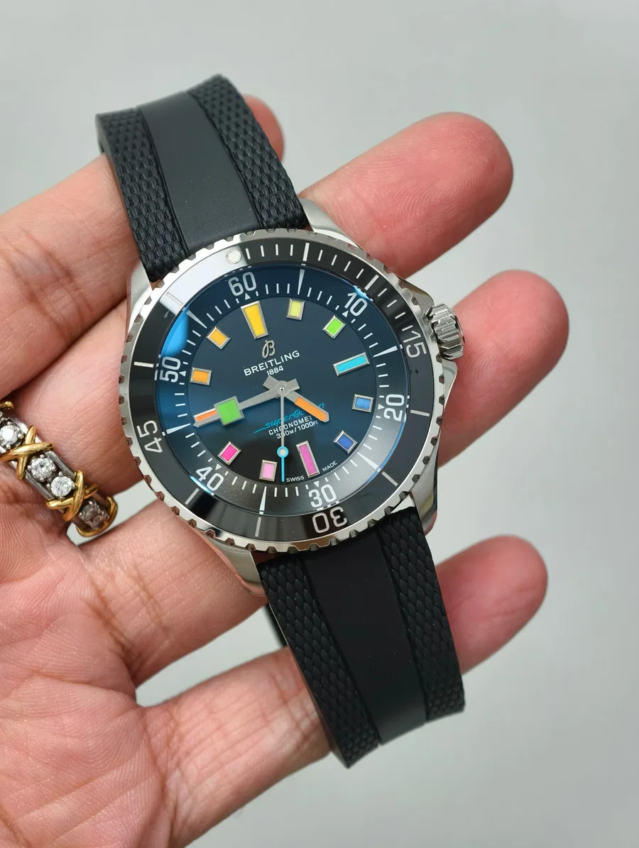 Breitling Superocean Rainbow Dial Edition A17375A51B2S1 Black Rubber Strap 42mm Super Clone Watch - Angle 2 - Jack Watches USA