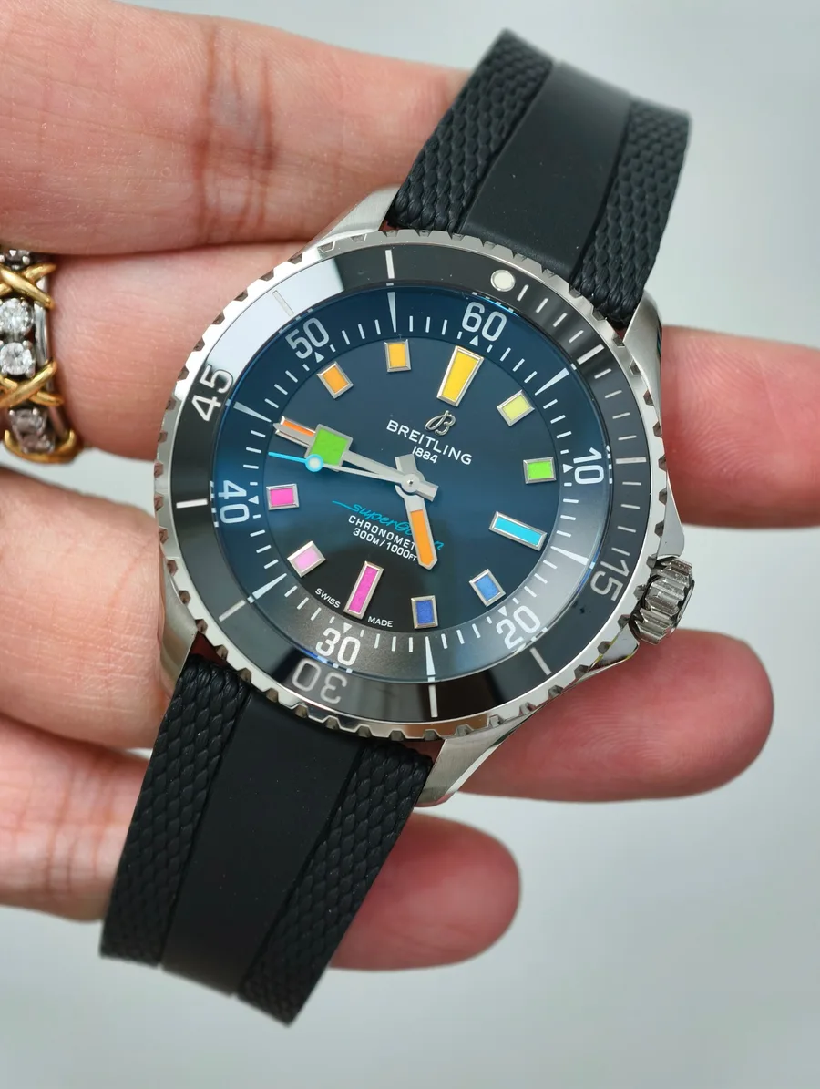 Breitling Superocean Rainbow Dial Edition A17375A51B2S1 Black Rubber Strap 42mm Super Clone Watch - Angle 3 - Jack Watches USA