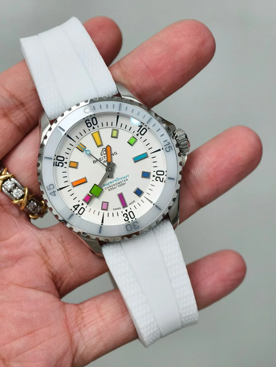 Breitling Superocean Rainbow White Dial A17375A61A1S1 White Rubber Strap 42mm Super Clone Watch - Angle 2 - Jack Watches USA