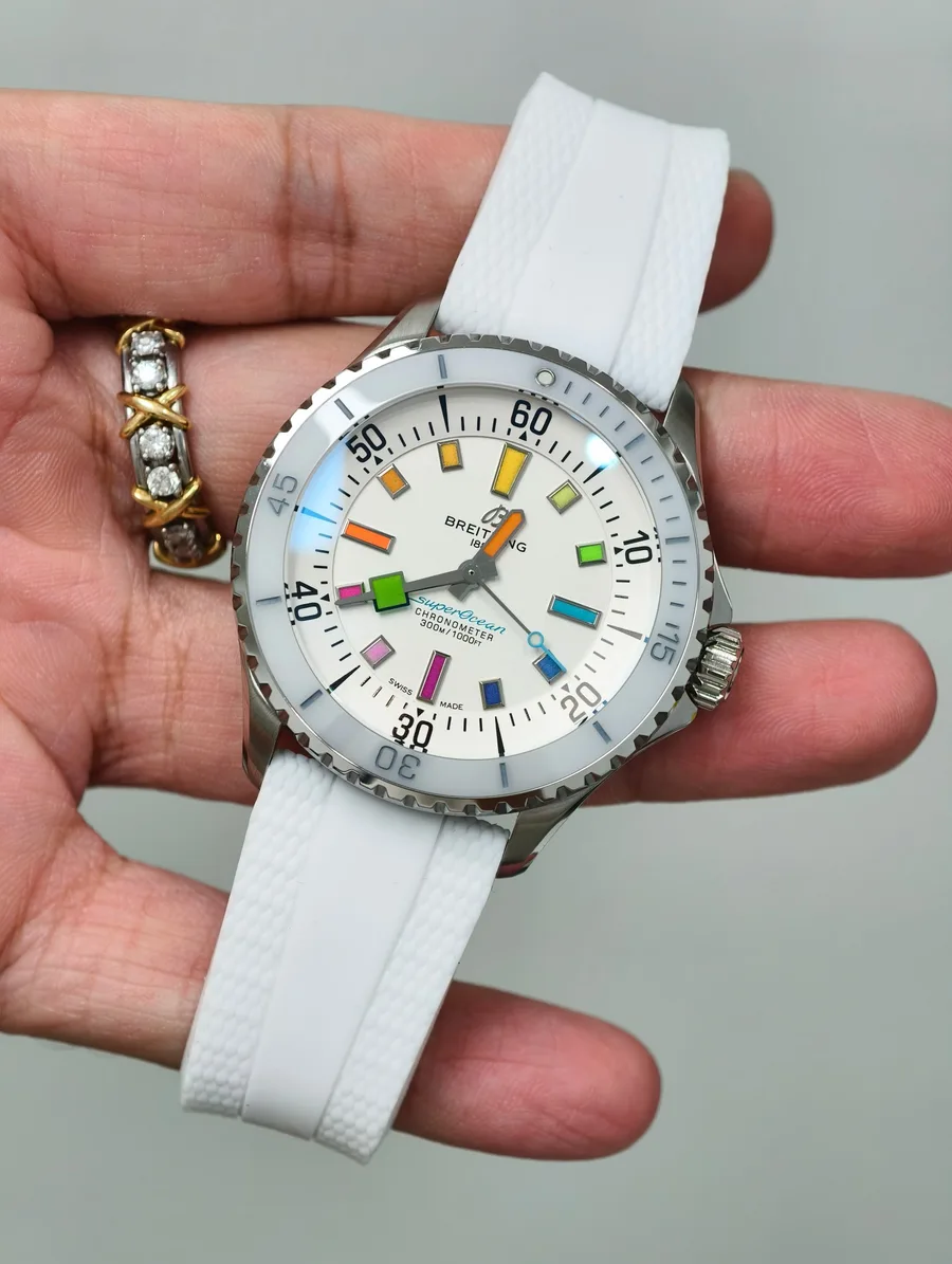 Breitling Superocean Rainbow White Dial A17375A61A1S1 White Rubber Strap 42mm Super Clone Watch - Angle 3 - Jack Watches USA