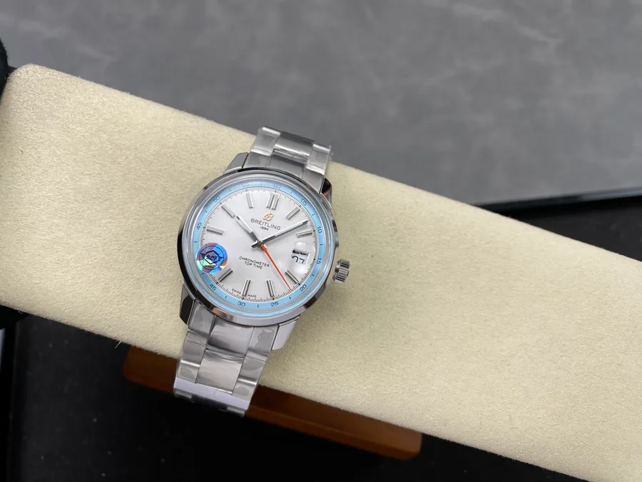 Breitling Top Time B31 AB3113281A1A1 Automatic SS White Sky Blue Dial BLF 38mm Super Clone Watch - Angle 2 - Jack Watches USA