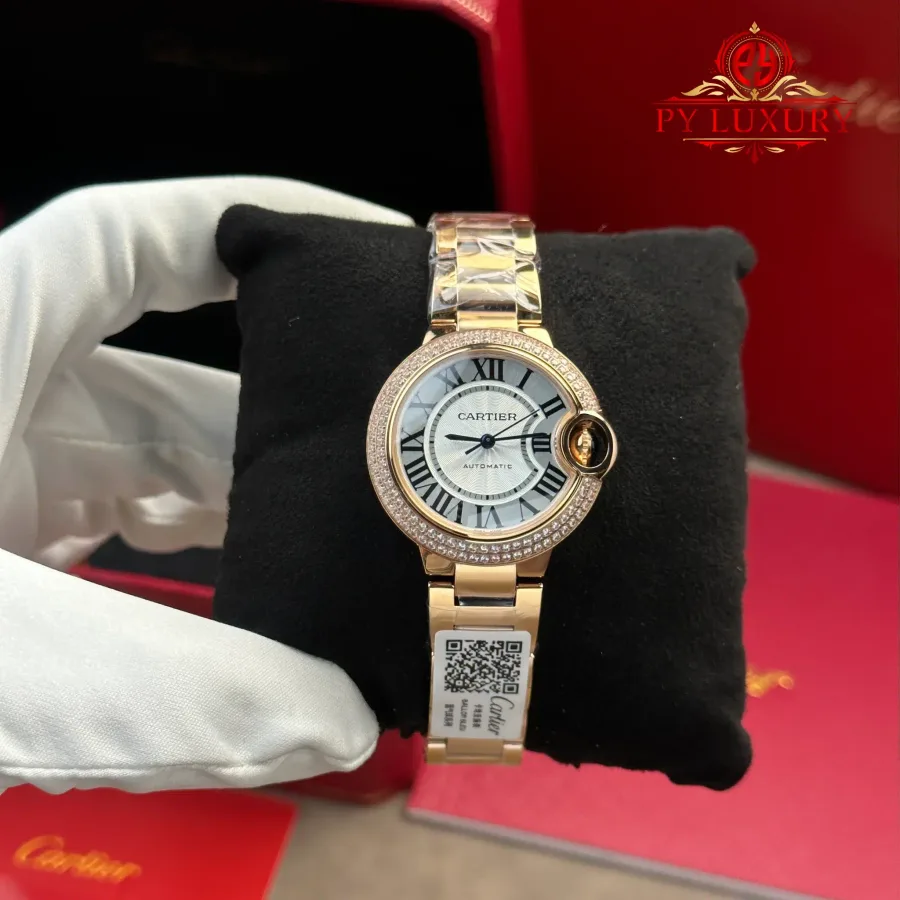 Cartier Ballon Bleu WE902034 Automatic Rose Gold Silver Dial Diamond Bezel AF 33mm
