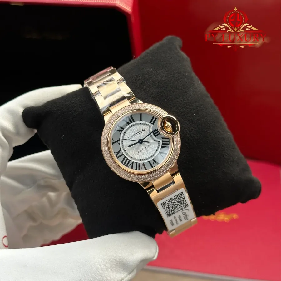 Cartier Ballon Bleu WE902034 Automatic Rose Gold Silver Dial Diamond Bezel AF 33mm Super Clone Watch - Angle 2 - Jack Watches USA
