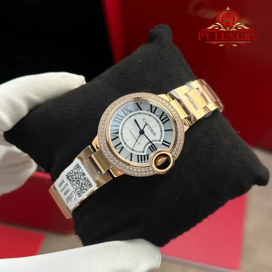Cartier Ballon Bleu WE902034 Automatic Rose Gold Silver Dial Diamond Bezel AF 33mm Super Clone Watch - Angle 3 - Jack Watches USA