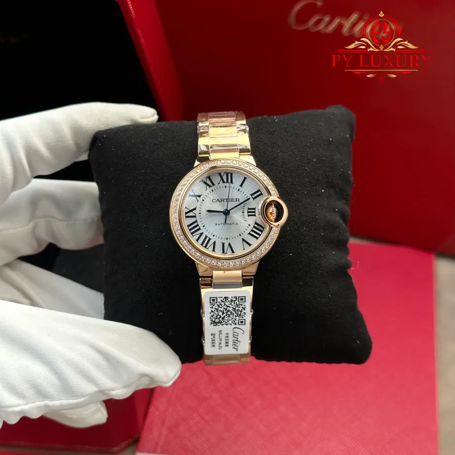 Cartier Ballon Bleu WJBB0063 Automatic Rose Gold Silver Dial Diamond Bezel AF 33mm