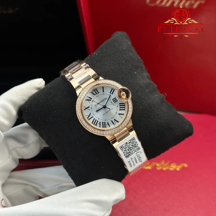 Cartier Ballon Bleu WJBB0063 Automatic Rose Gold Silver Dial Diamond Bezel AF 33mm Super Clone Watch - Angle 2 - Jack Watches USA