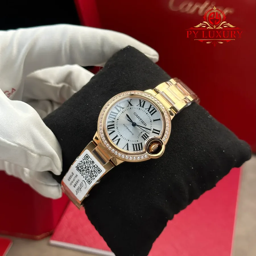 Cartier Ballon Bleu WJBB0063 Automatic Rose Gold Silver Dial Diamond Bezel AF 33mm Super Clone Watch - Angle 3 - Jack Watches USA