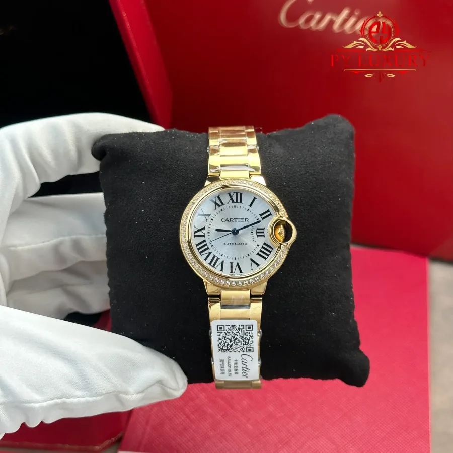 Cartier Ballon Bleu WJBB0069 Automatic Yellow Gold Silver Dial Diamond Bezel AF 33mm