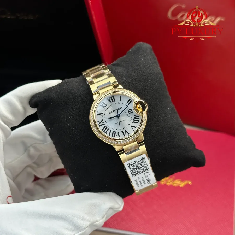 Cartier Ballon Bleu WJBB0069 Automatic Yellow Gold Silver Dial Diamond Bezel AF 33mm Super Clone Watch - Angle 2 - Jack Watches USA