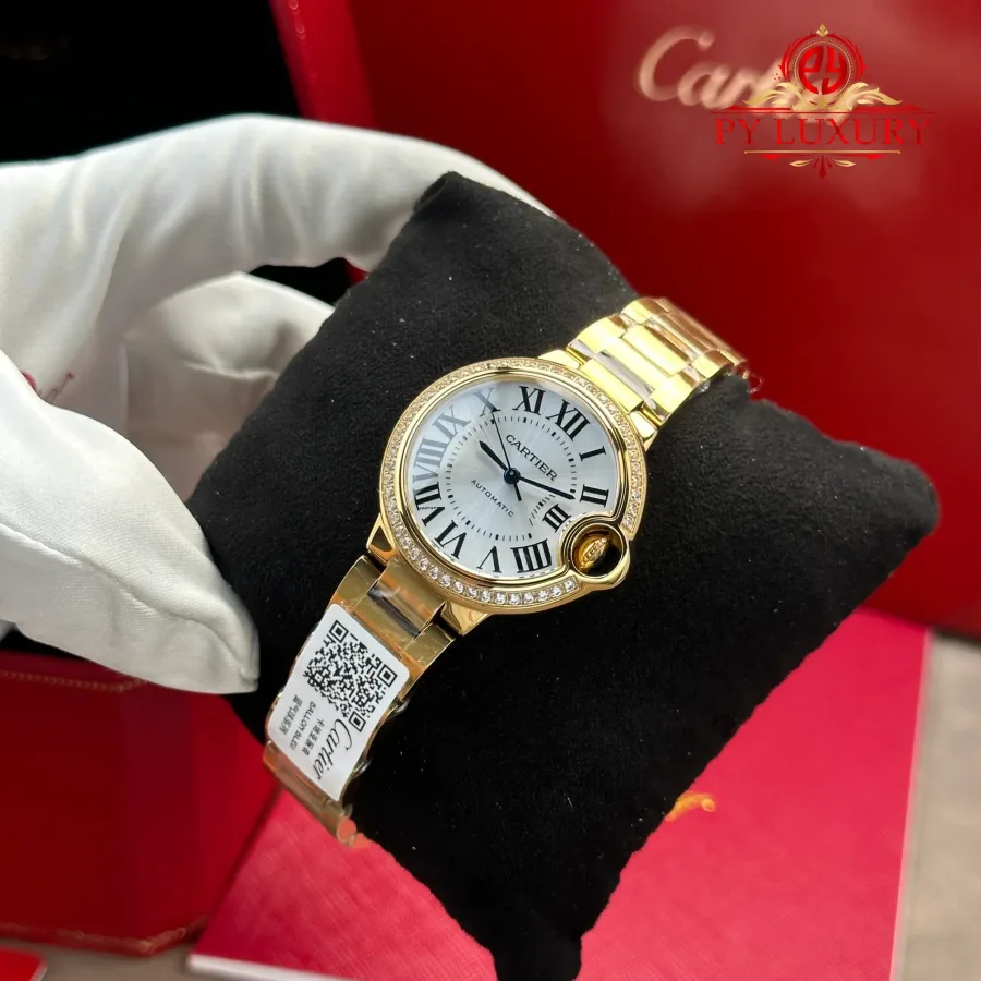 Cartier Ballon Bleu WJBB0069 Automatic Yellow Gold Silver Dial Diamond Bezel AF 33mm Super Clone Watch - Angle 3 - Jack Watches USA