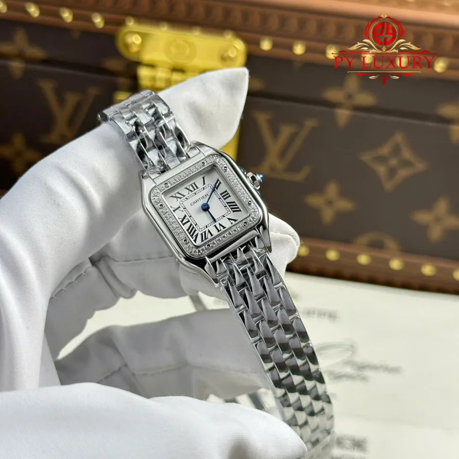 Cartier Panthère Steel Small Model White Dial Diamond Bezel BVF 22mm x 30mm Super Clone Watch - Angle 2 - Jack Watches USA