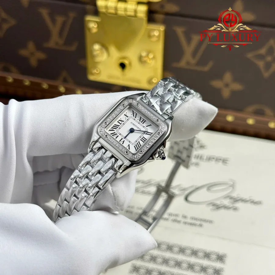 Cartier Panthère Steel Small Model White Dial Diamond Bezel BVF 22mm x 30mm Super Clone Watch - Angle 3 - Jack Watches USA