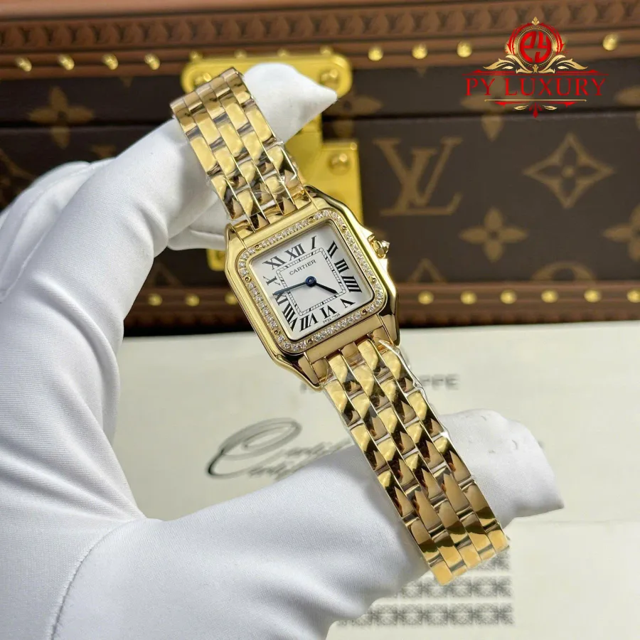 Cartier Panthère Yellow Gold Medium Model Silver Dial Diamond Bezel BVF 27mm x 36mm