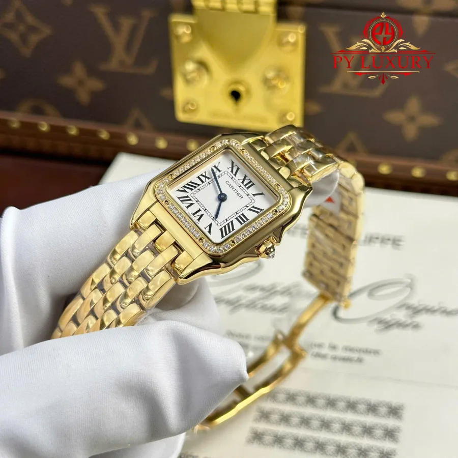 Cartier Panthère Yellow Gold Medium Model Silver Dial Diamond Bezel BVF 27mm x 36mm Super Clone Watch - Angle 2 - Jack Watches USA