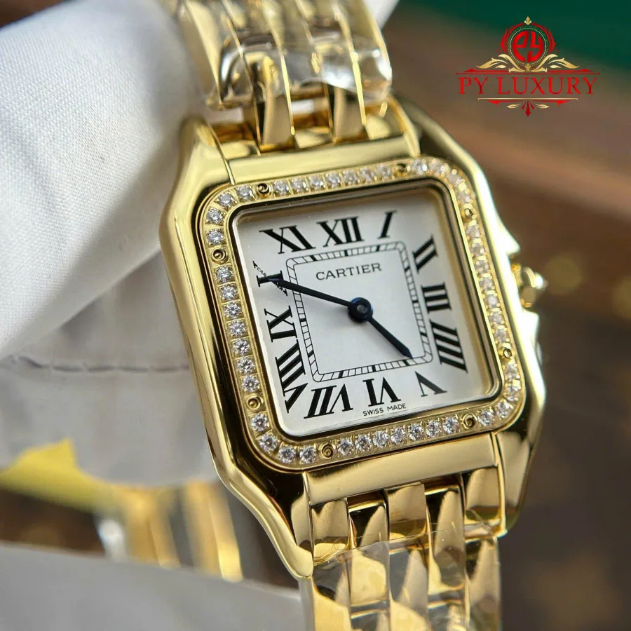 Cartier Panthère Yellow Gold Medium Model Silver Dial Diamond Bezel BVF 27mm x 36mm Super Clone Watch - Angle 3 - Jack Watches USA