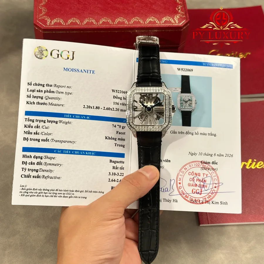 Cartier Santos De Cartier Skeleton HPI01500 Large Model Custom Baguette Moissanite Leather Strap 39.8mm
