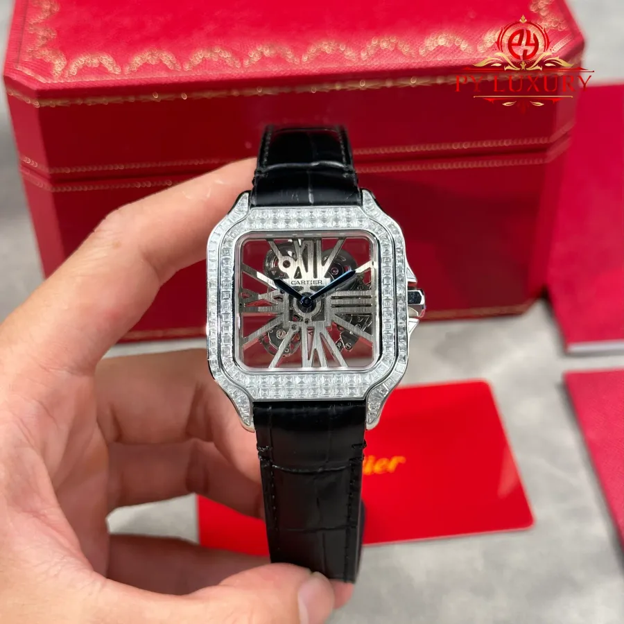 Cartier Santos De Cartier Skeleton HPI01500 Large Model Custom Baguette Moissanite Leather Strap 39.8mm Super Clone Watch - Angle 2 - Jack Watches USA