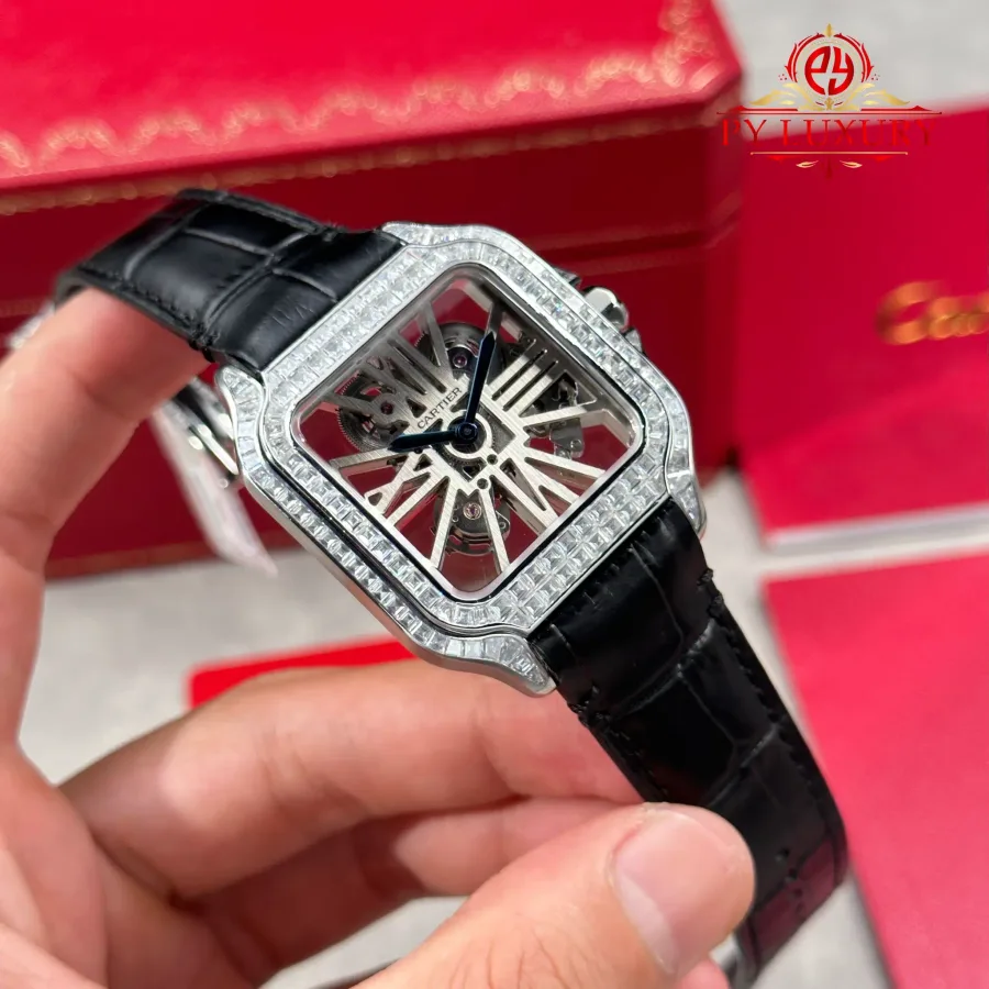 Cartier Santos De Cartier Skeleton HPI01500 Large Model Custom Baguette Moissanite Leather Strap 39.8mm Super Clone Watch - Angle 3 - Jack Watches USA