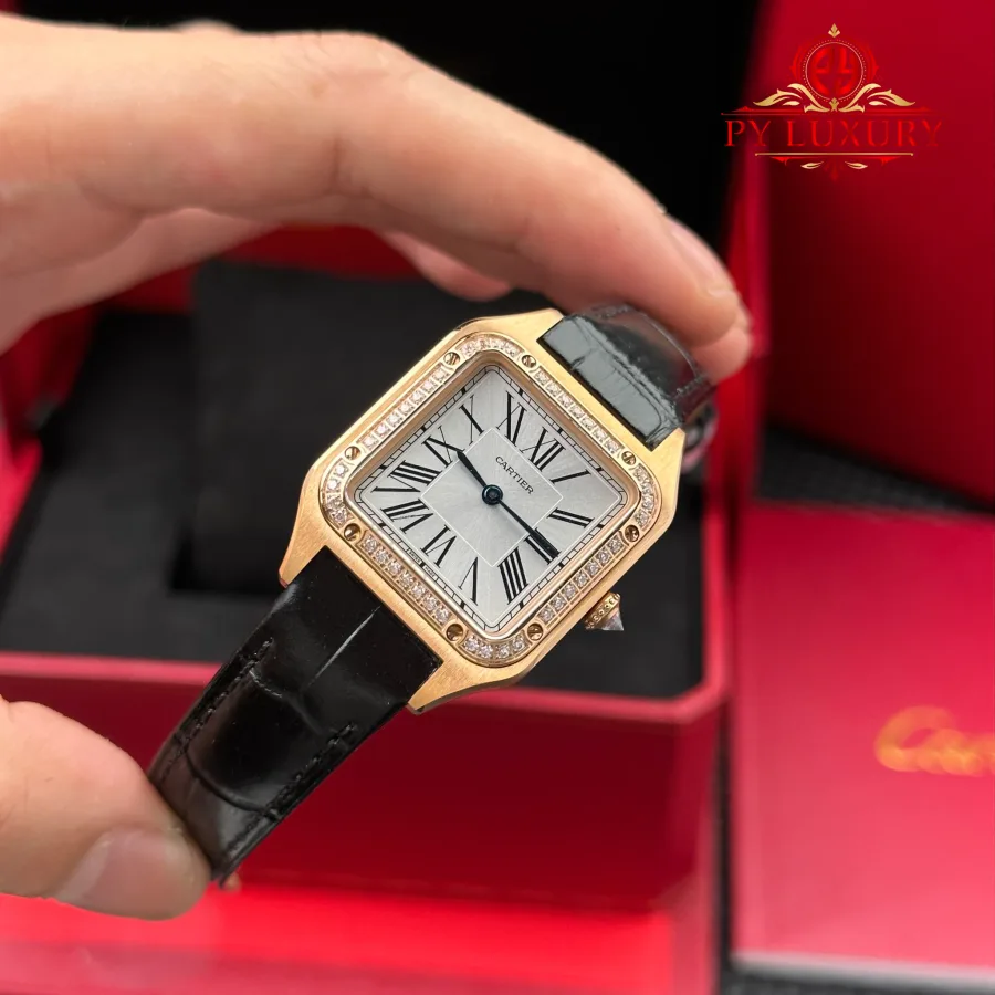 Cartier Santos Dumont Small Model Rose Gold Diamond Bezel Silver Dial Leather Strap Replica 38mm x 27.5mm Super Clone Watch - Angle 2 - Jack Watches USA