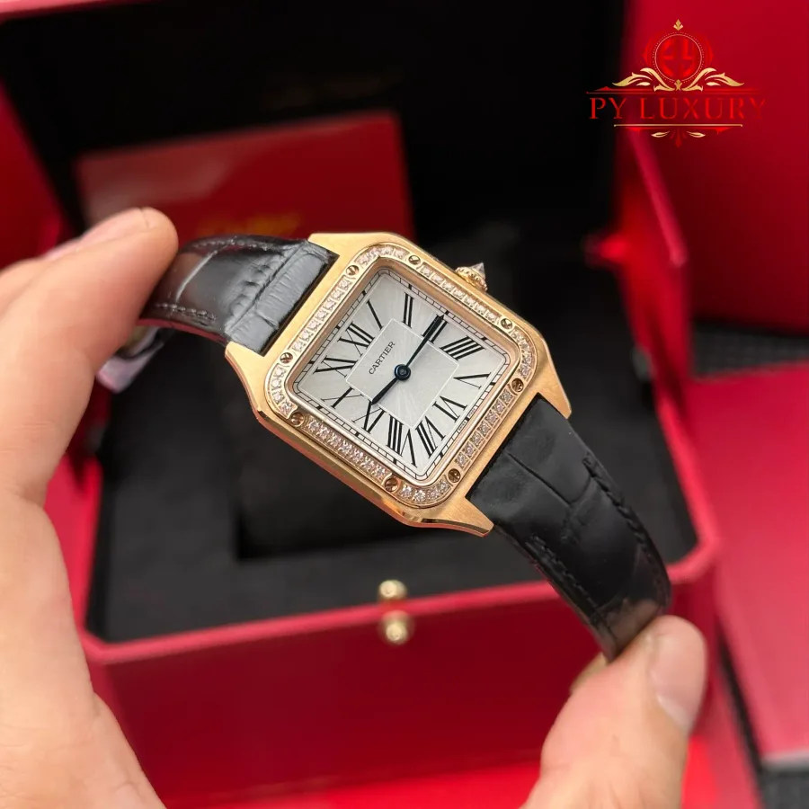 Cartier Santos Dumont Small Model Rose Gold Diamond Bezel Silver Dial Leather Strap Replica 38mm x 27.5mm Super Clone Watch - Angle 3 - Jack Watches USA