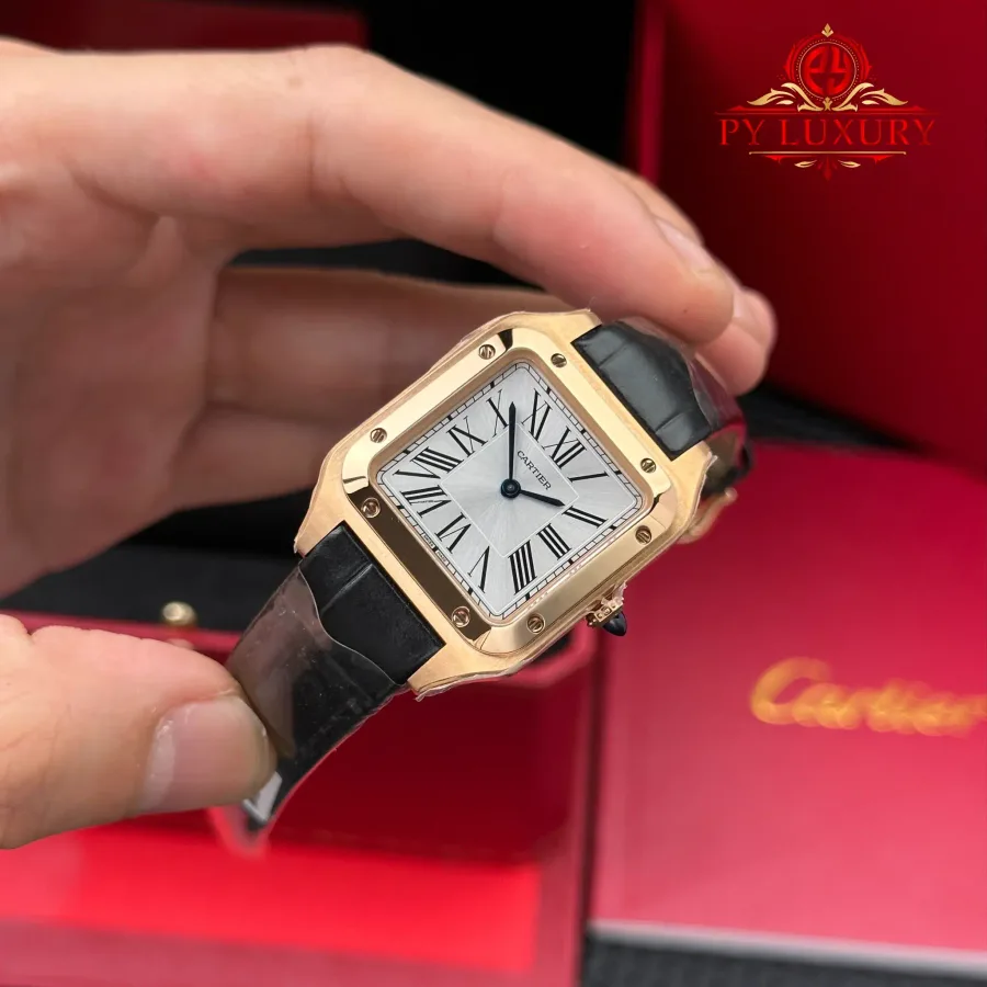 Cartier Santos Dumont Small Model Rose Gold Silver Dial Leather Strap Replica 38mm x 27.5mm Super Clone Watch - Angle 2 - Jack Watches USA