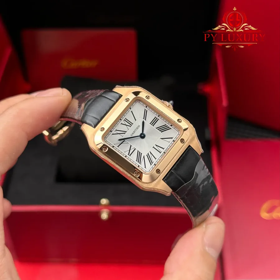 Cartier Santos Dumont Small Model Rose Gold Silver Dial Leather Strap Replica 38mm x 27.5mm Super Clone Watch - Angle 3 - Jack Watches USA